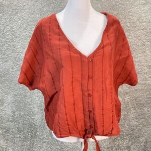 Prana Summer Fun Top Cinnamon Striped Button Front Tie Hem Womens Large NWT